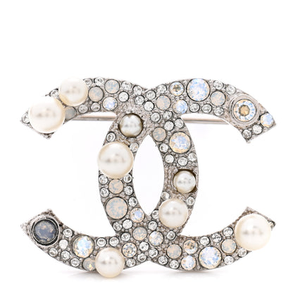 Chanel Pearl Crystal CC Mini Brooch Silver 1 of 7