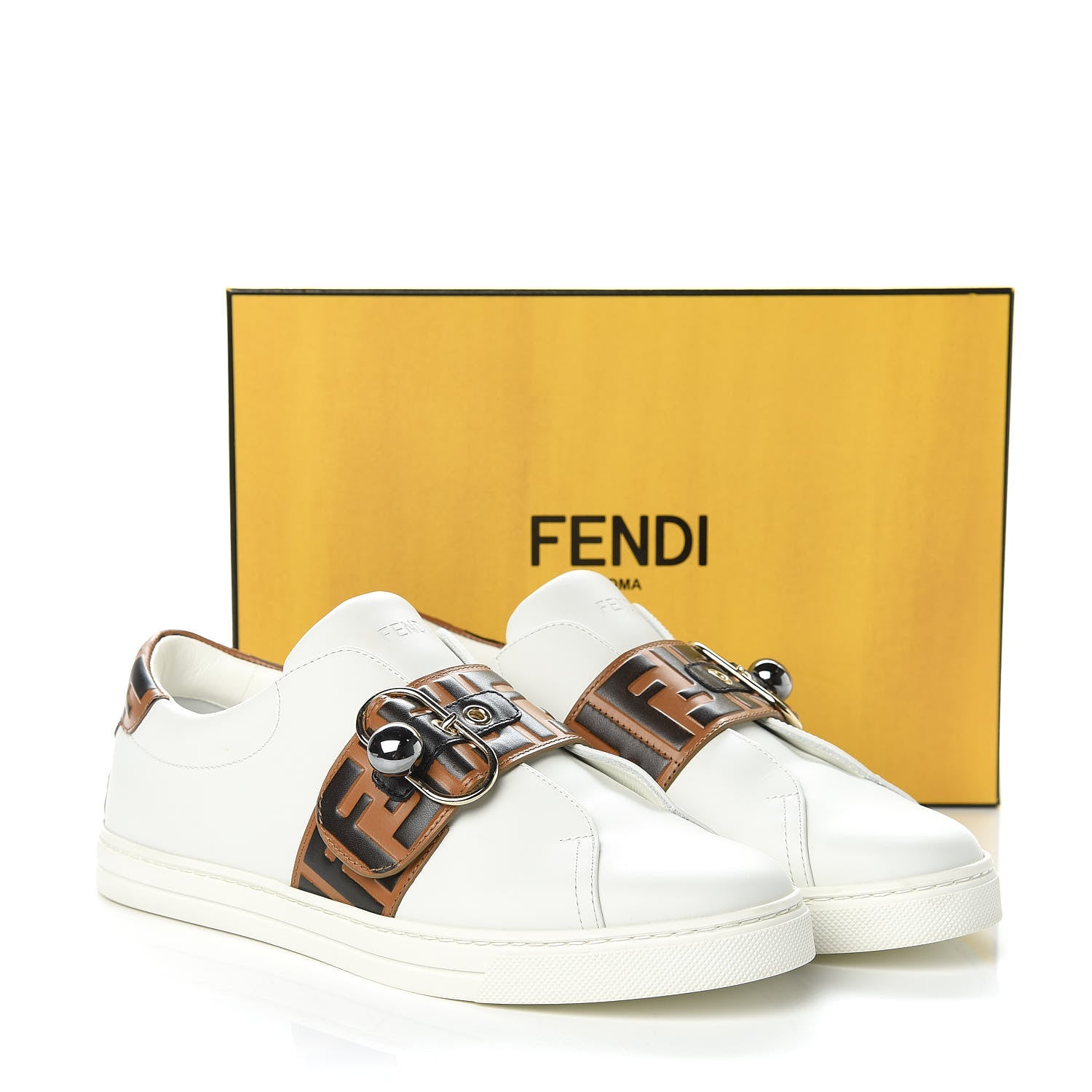 Fendi Vitello FF Embossed Pearland Slip On Sneakers 40 White Tobacco Moro 9 of 9