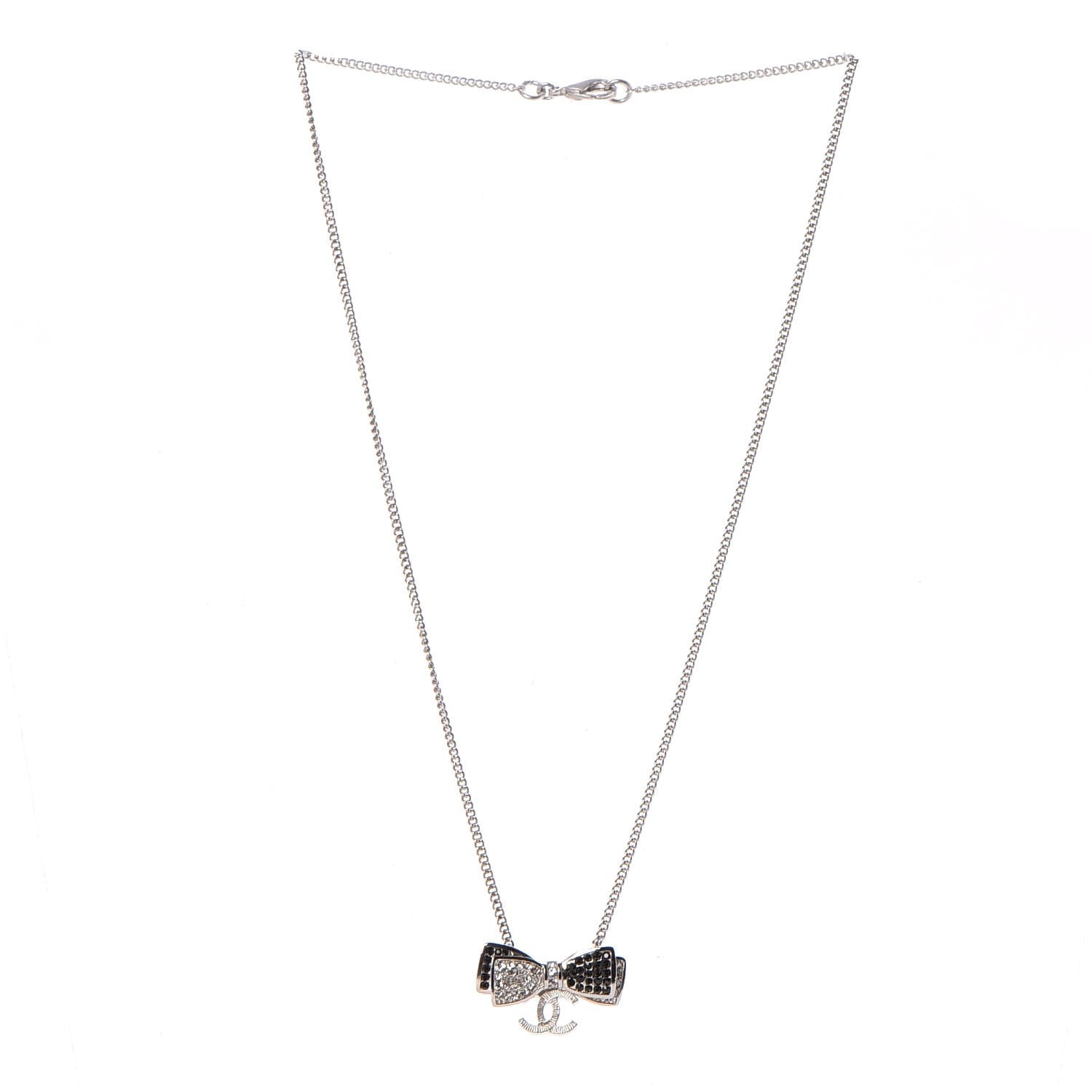 Chanel Crystal CC Bow Necklace Silver Black 4 of 6