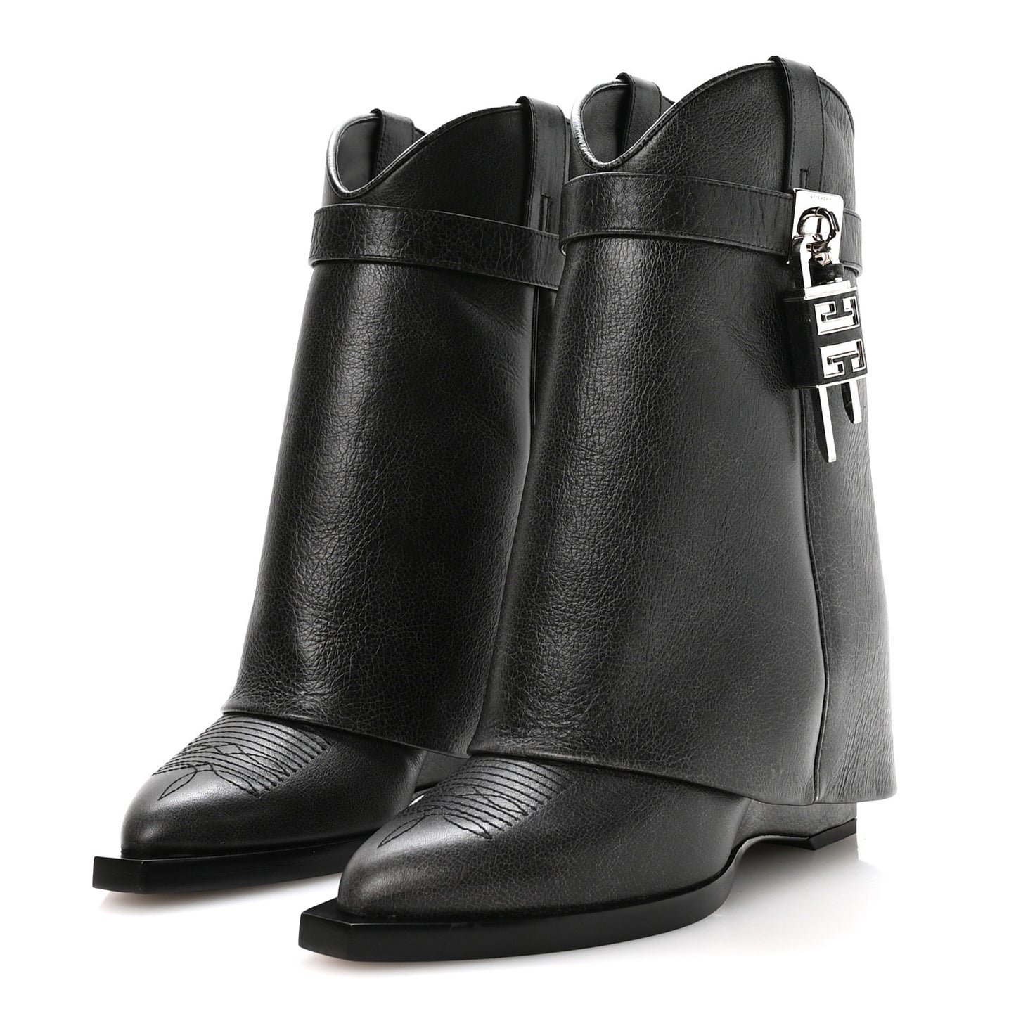 Aged Calfskin Cowboy Shark Lock Ankle 37 Black