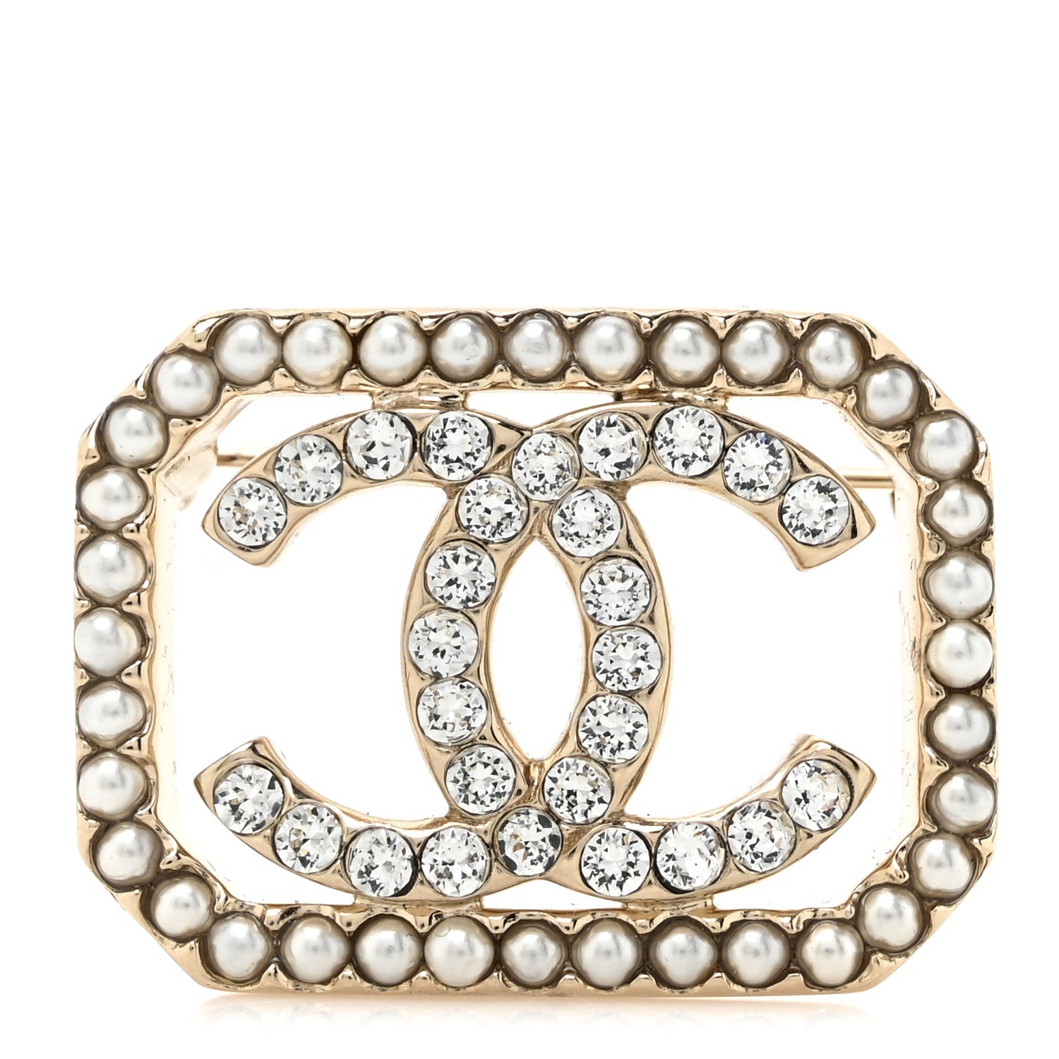 Chanel Pearl Crystal CC Square Brooch Gold 1 of 4