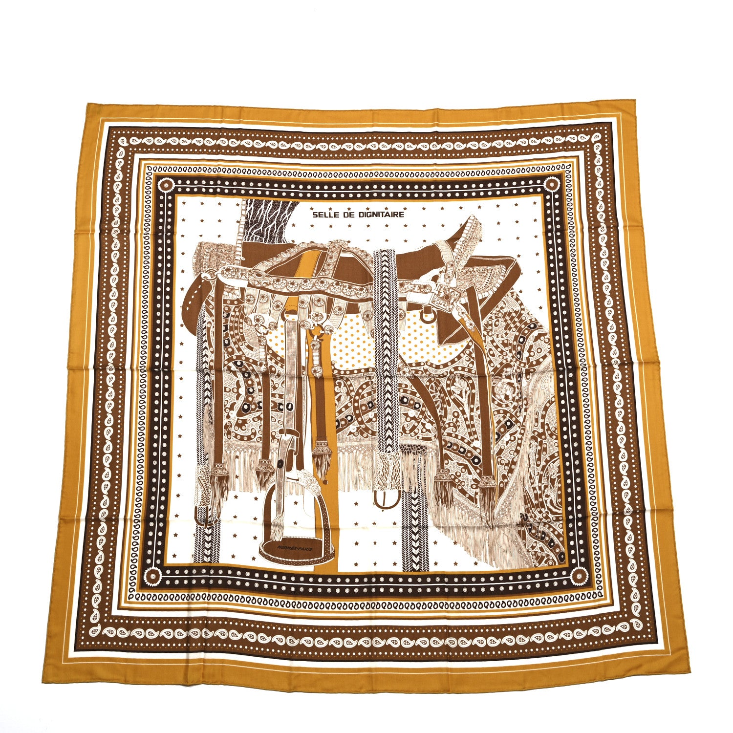 Hermes Cashmere Silk Selle De Dignitaire Shawl 140 Curry Camel White 1 of 8