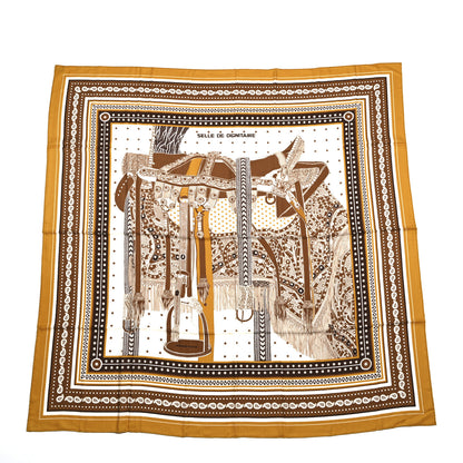 Hermes Cashmere Silk Selle De Dignitaire Shawl 140 Curry Camel White 1 of 8