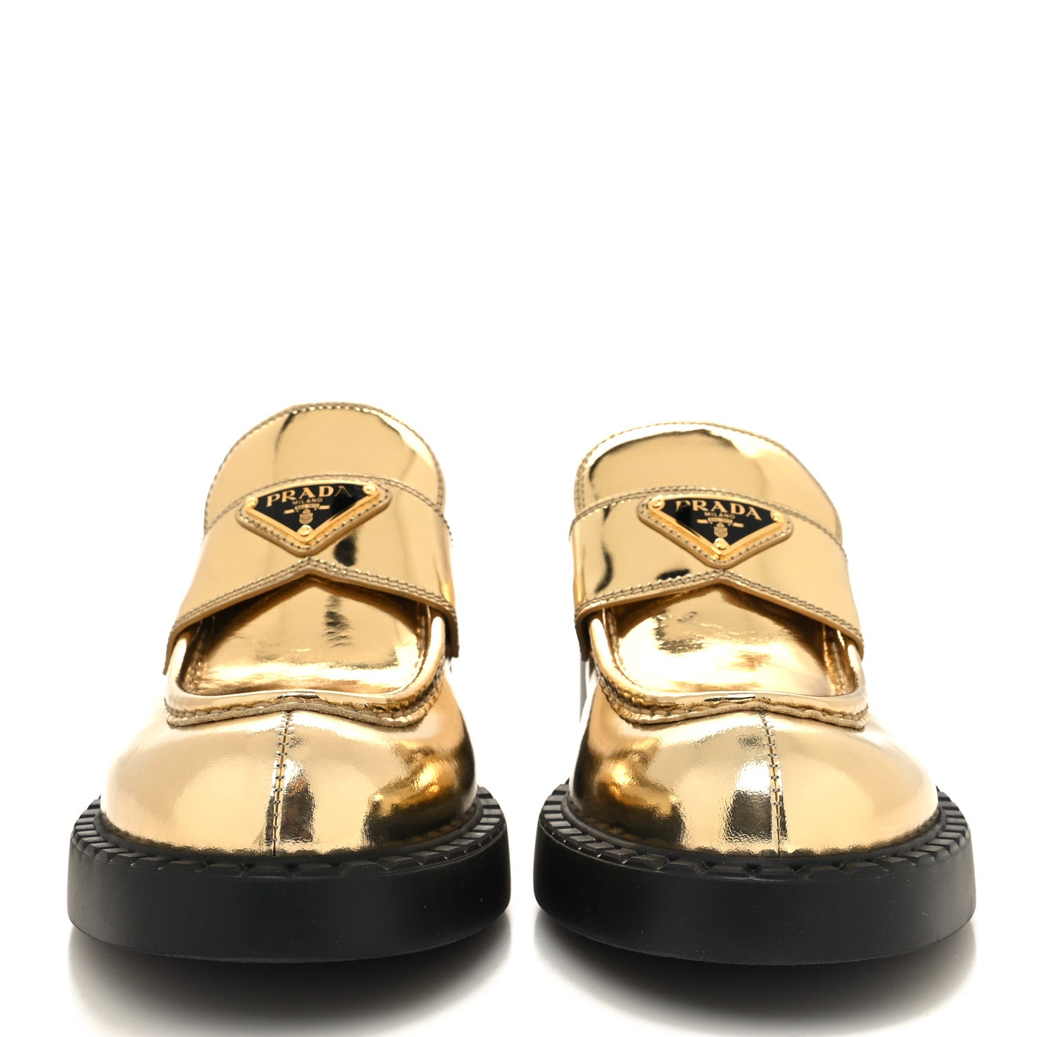 Prada Metallic Brushed Calfskin Metal Triangle Logo 50mm Loafers 41 Platino 2 of 9