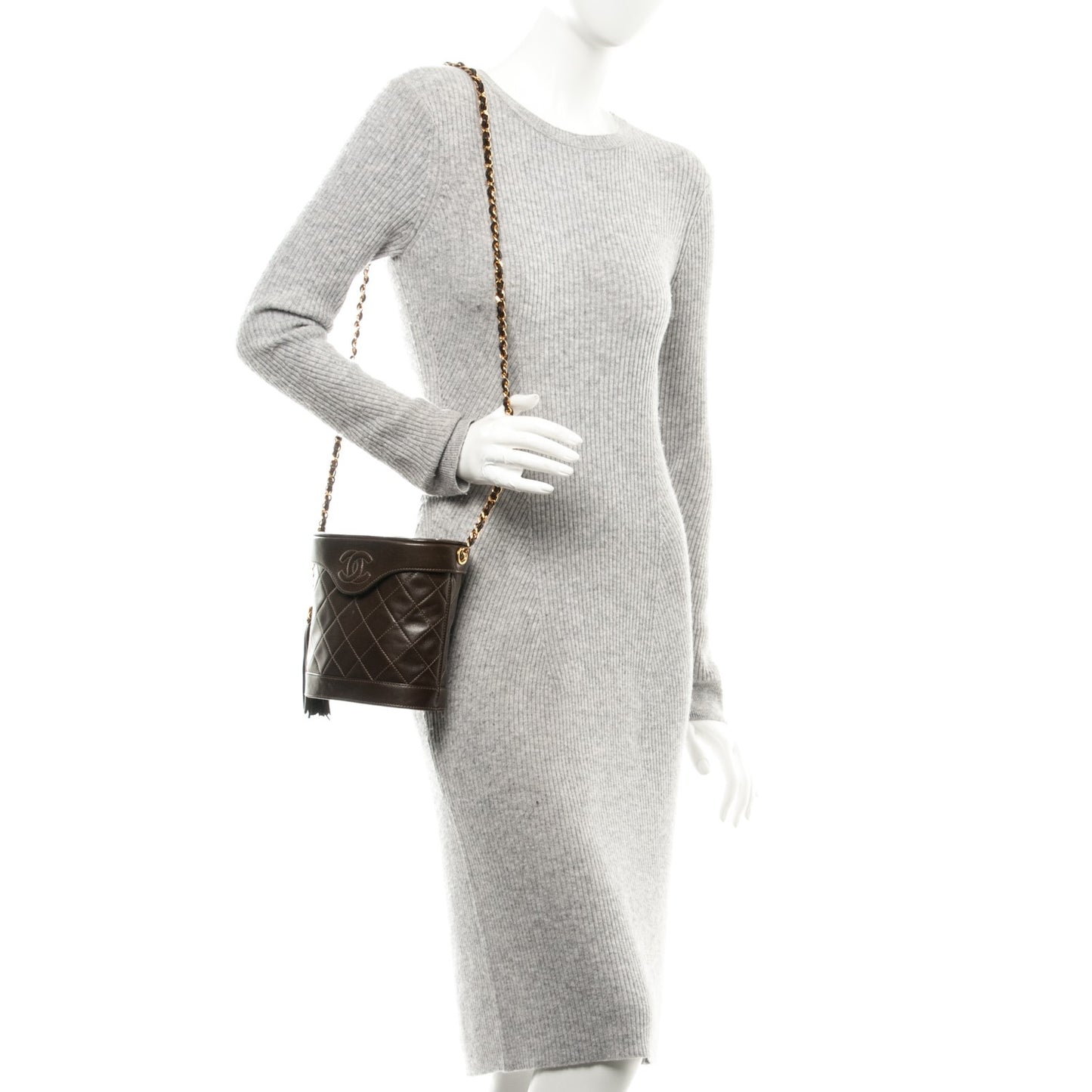 Lambskin Quilted Tassel Shoulder Bag Dark Brown