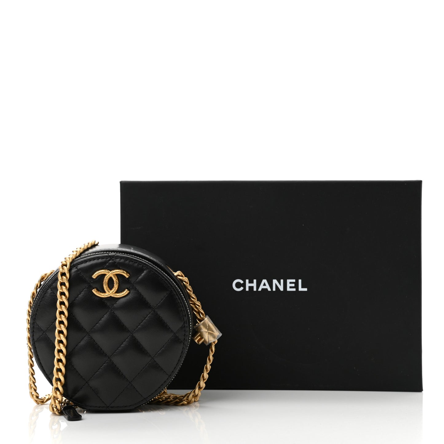 Lambskin Quilted Pillow Crush Round Clutch With Chain Black
