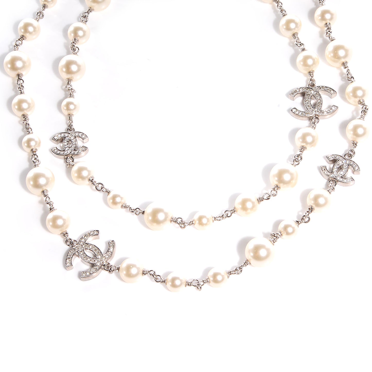 Crystal Pearl CC Long Necklace Silver