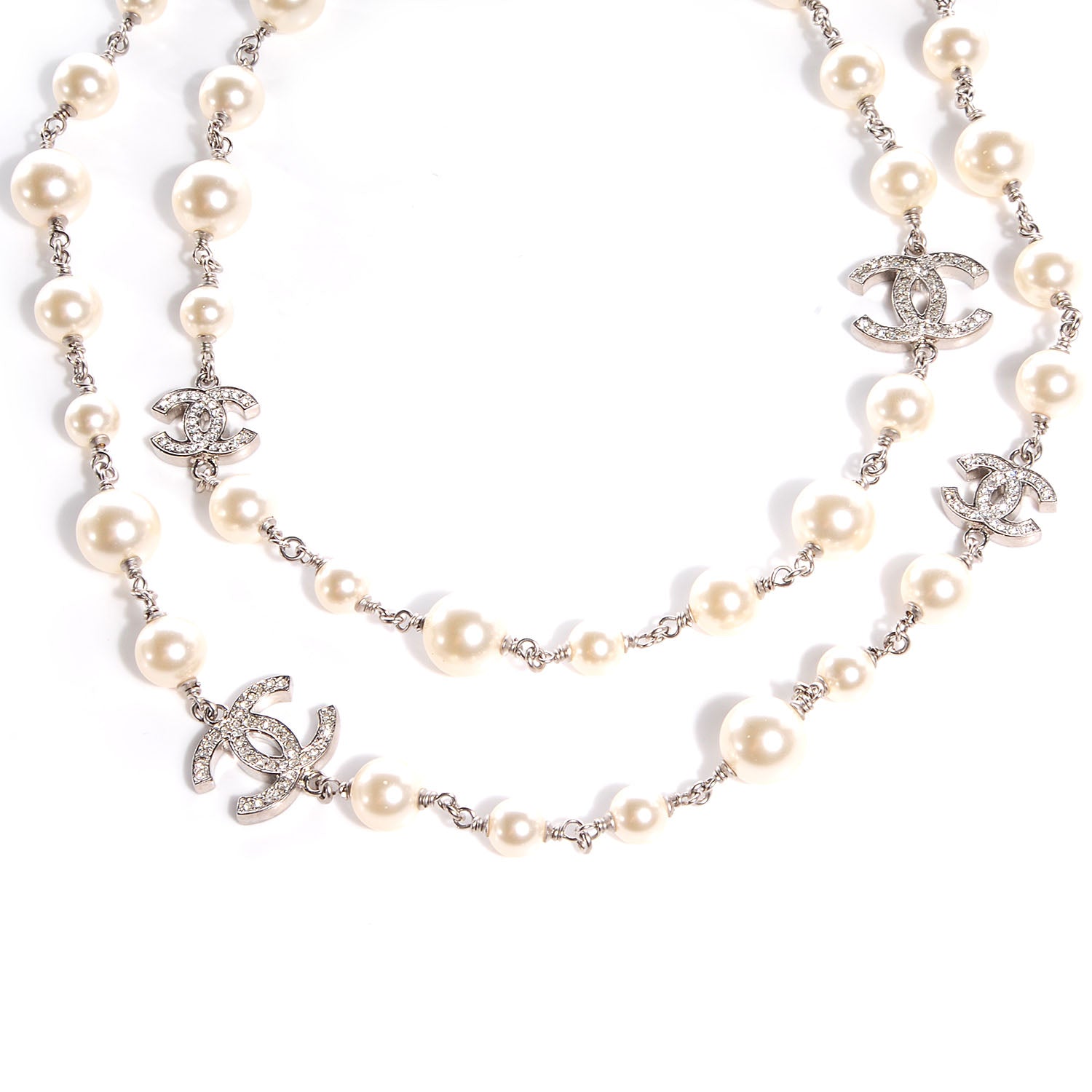 Chanel Crystal Pearl CC Long Necklace Silver 5 of 6