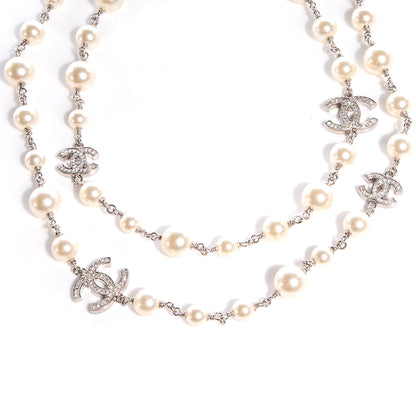 Chanel Crystal Pearl CC Long Necklace Silver 5 of 6