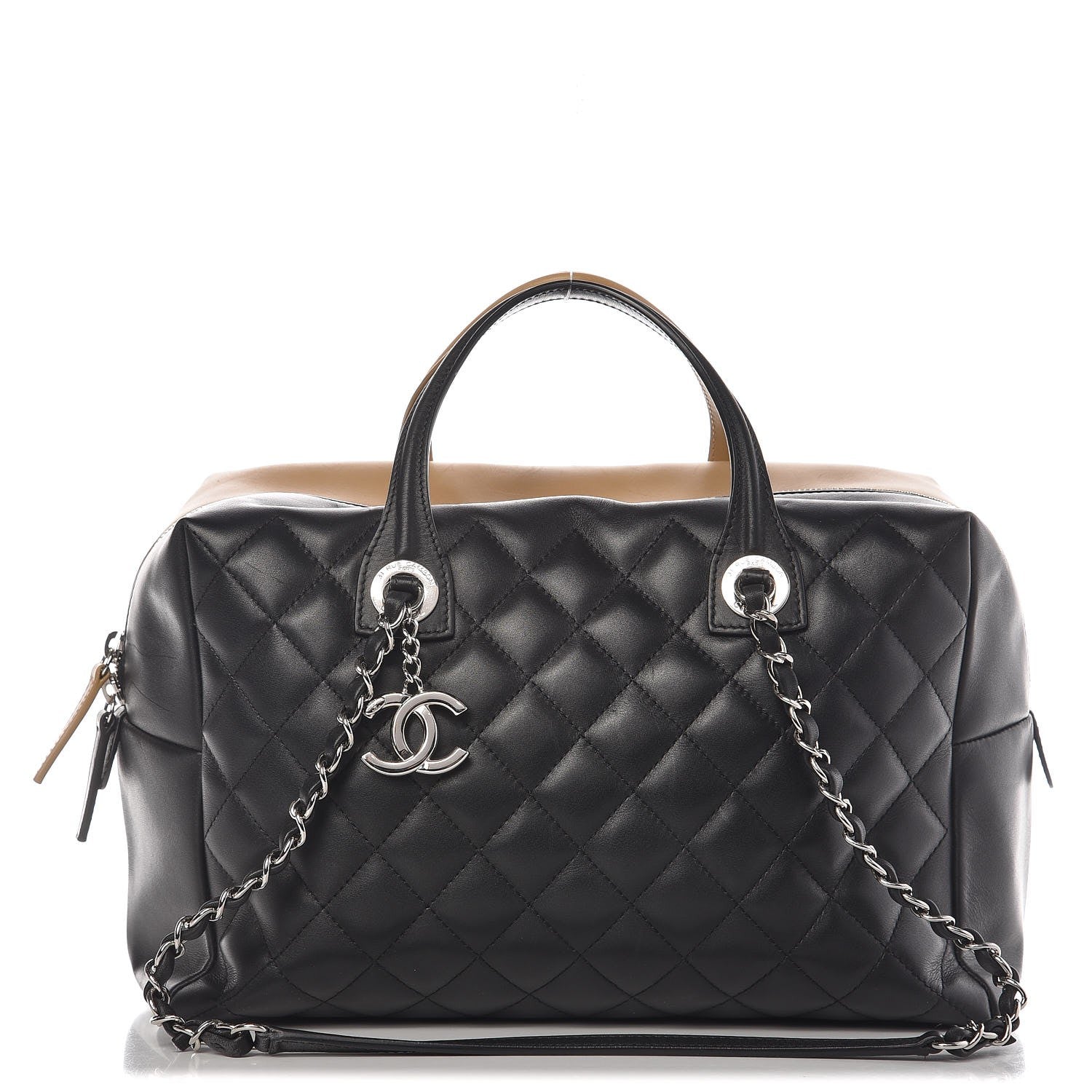 Chanel Calfskin Quilted Feather Weight Bowling Bag Black Beige 1 of 11