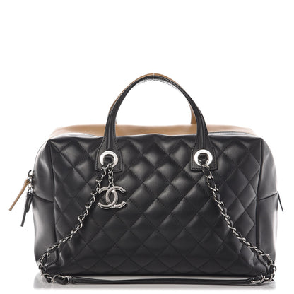 Chanel Calfskin Quilted Feather Weight Bowling Bag Black Beige 1 of 11