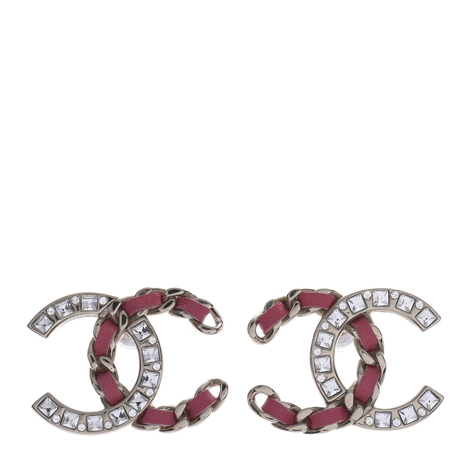 Chanel Crystal Baguette Lambskin Chain CC Stud Earrings Pink Gold 1 of 4