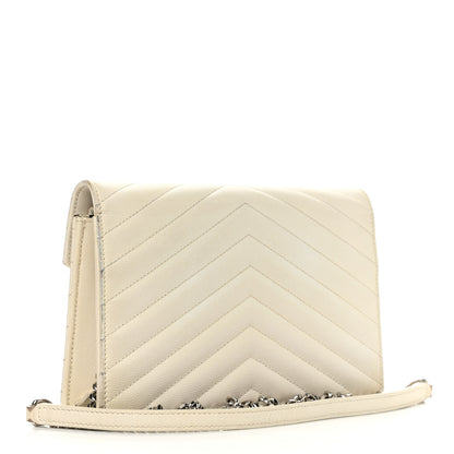 Saint Laurent Grain De Poudre Matelasse Chevron Monogram Envelope Chain Wallet Porcellana 2 of 15