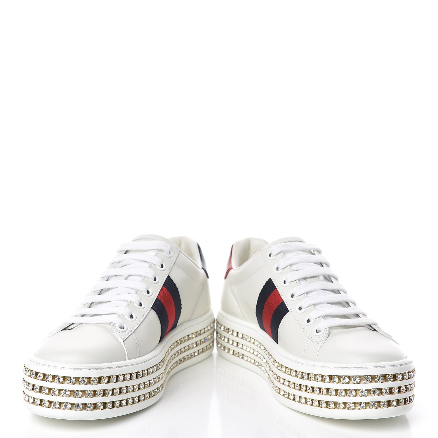 Gucci Calfskin Crystal Web Bee Embroidered Ace Platform Sneakers 34.5 White 5 of 9