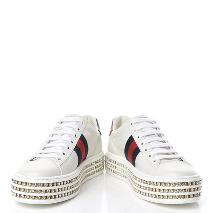 Gucci Calfskin Crystal Web Bee Embroidered Ace Platform Sneakers 34.5 White 5 of 9