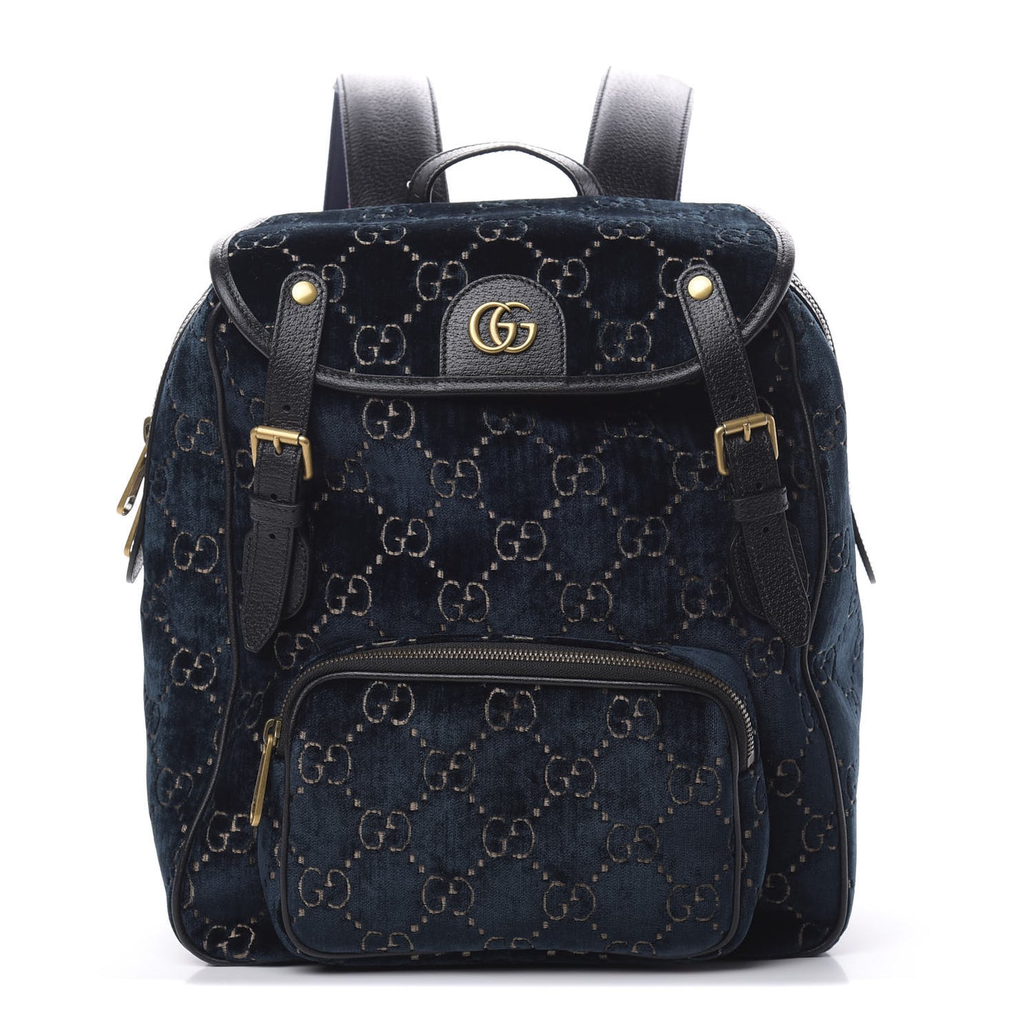 Velvet GG Monogram Textured Calfskin Web Small Double Buckle Backpack Blue Beige Black