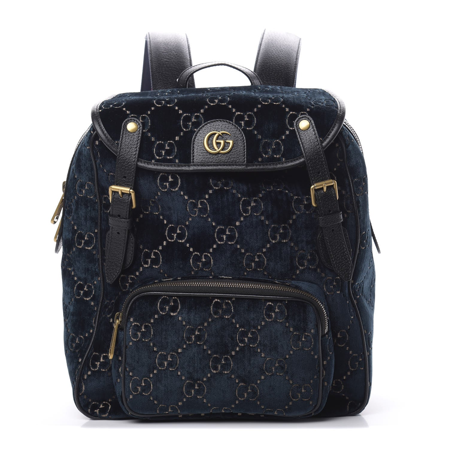 Gucci Velvet GG Monogram Textured Calfskin Web Small Double Buckle Backpack Blue Beige Black 1 of 9