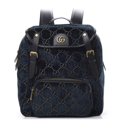 Gucci Velvet GG Monogram Textured Calfskin Web Small Double Buckle Backpack Blue Beige Black 1 of 9