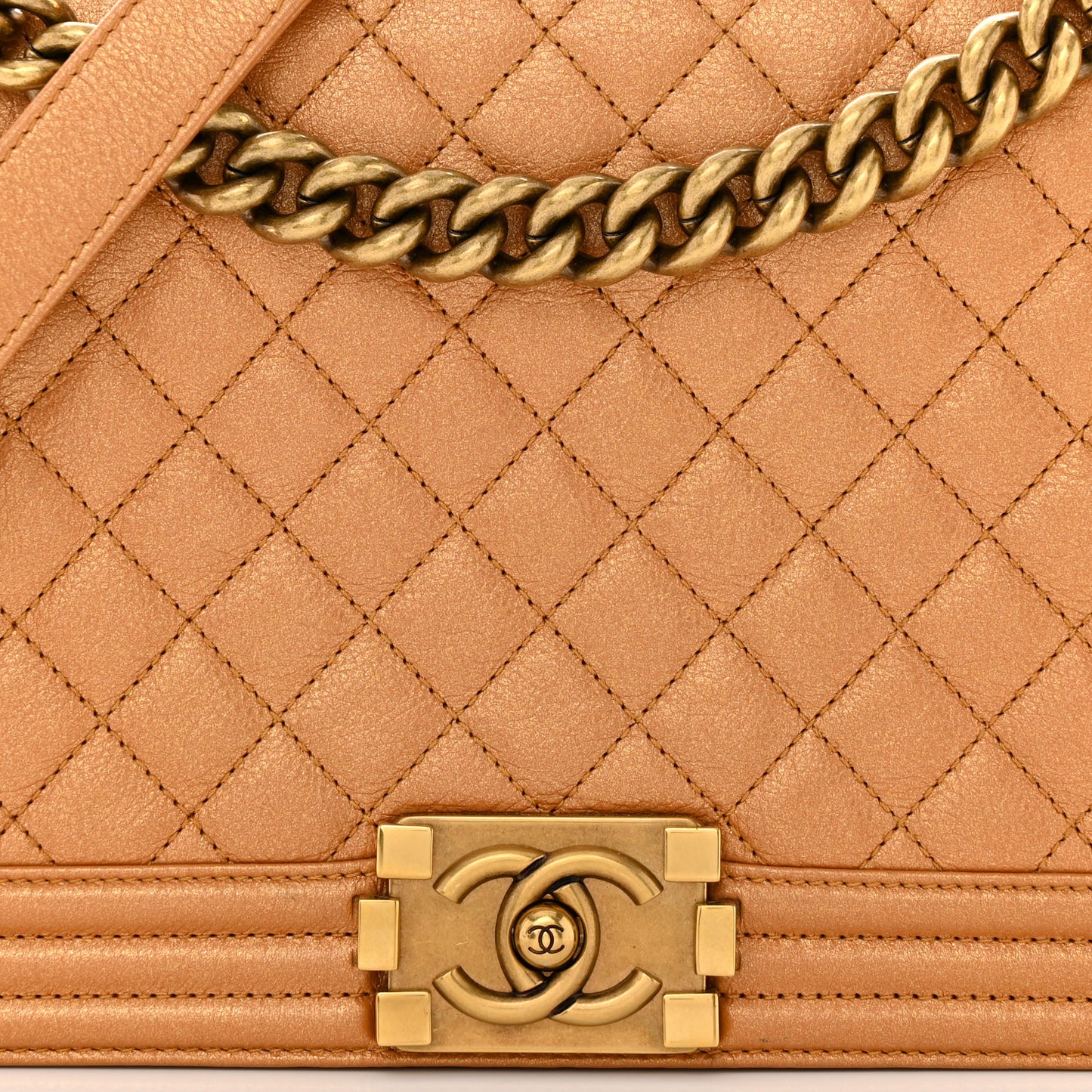 Metallic Calfskin Quilted New Medium Boy Flap Dark Gold