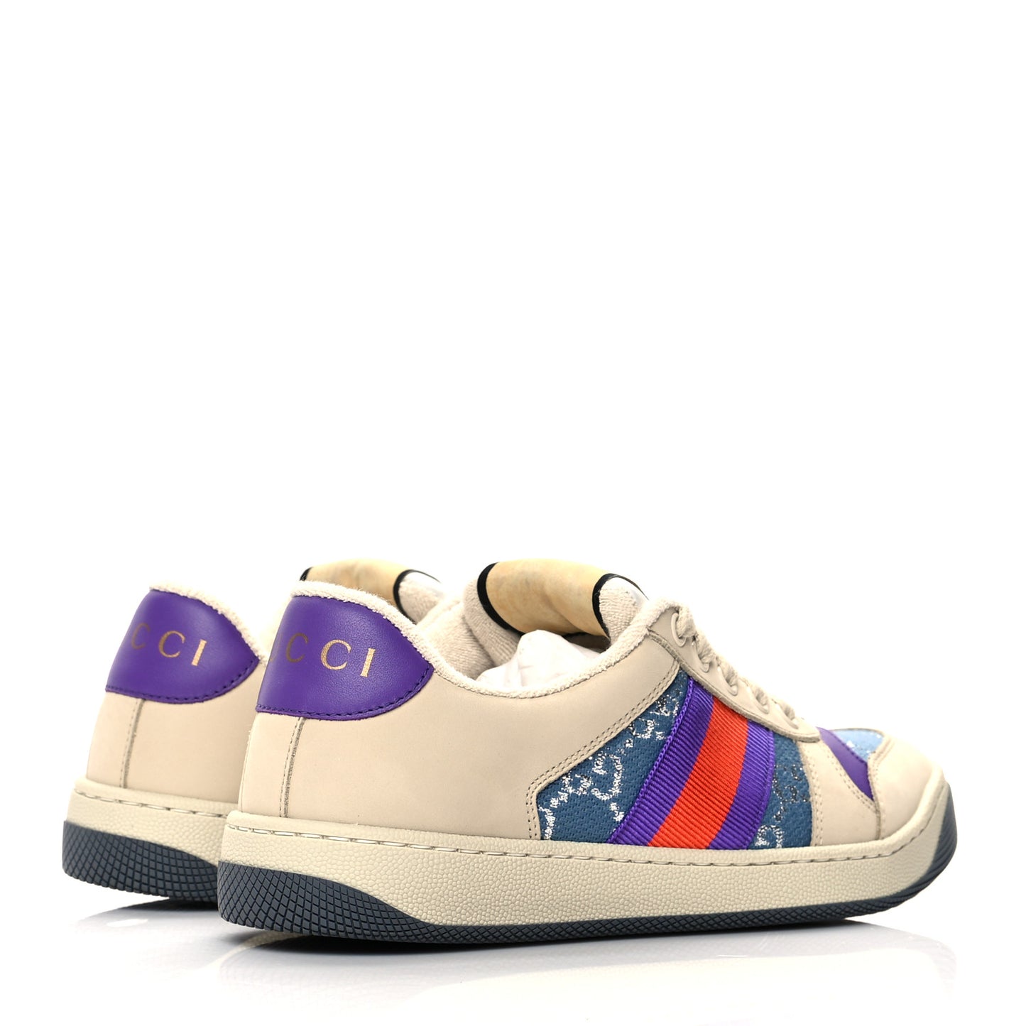 Calfskin Lame GG Monogram Web Womens Screener Sneakers 36 Blue Silver Dusty Milk Shine Purple