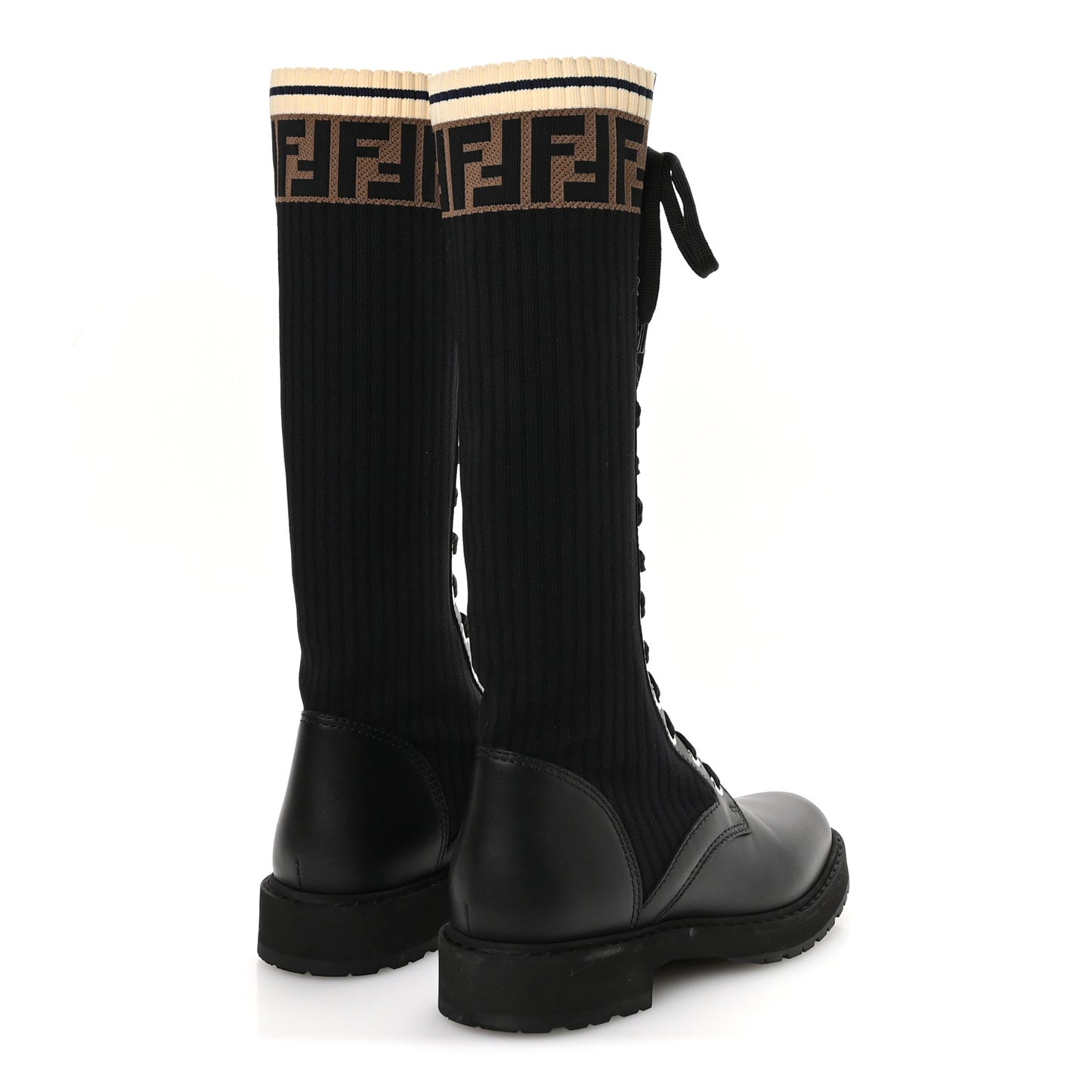 Calfskin Stretch Fabric FF Rockoko Tall Biker Boots 37 Tobacco Black Marino