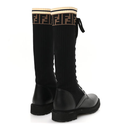 Fendi Calfskin Stretch Fabric FF Rockoko Tall Biker Boots 37 Tobacco Black Marino 5 of 8