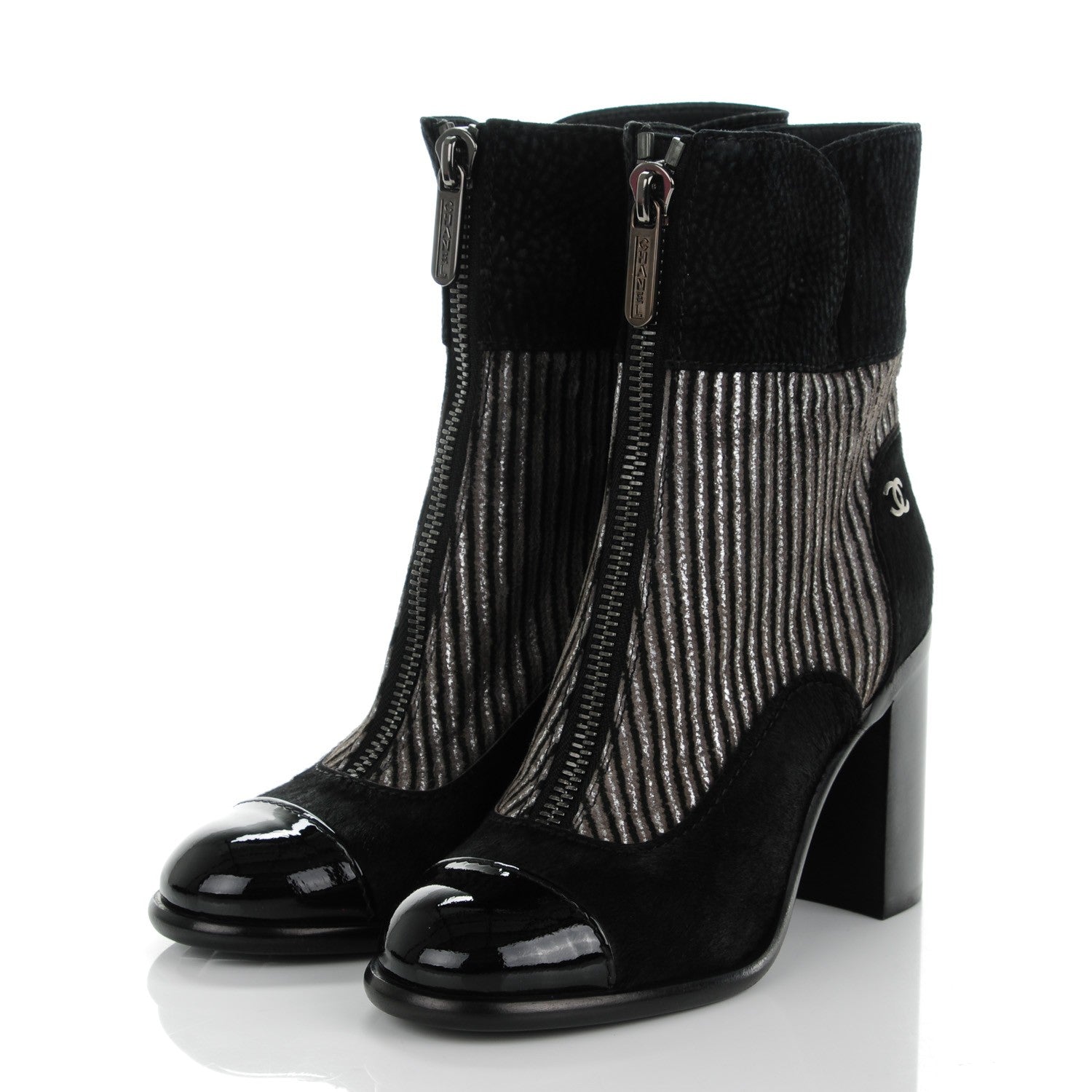 Chanel Suede Calf Hair CC Short Boots 36.5 Black Grey 3 of 9