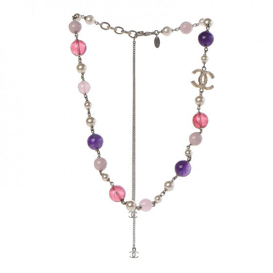 Pearl Bead CC Necklace Pink Purple Gold