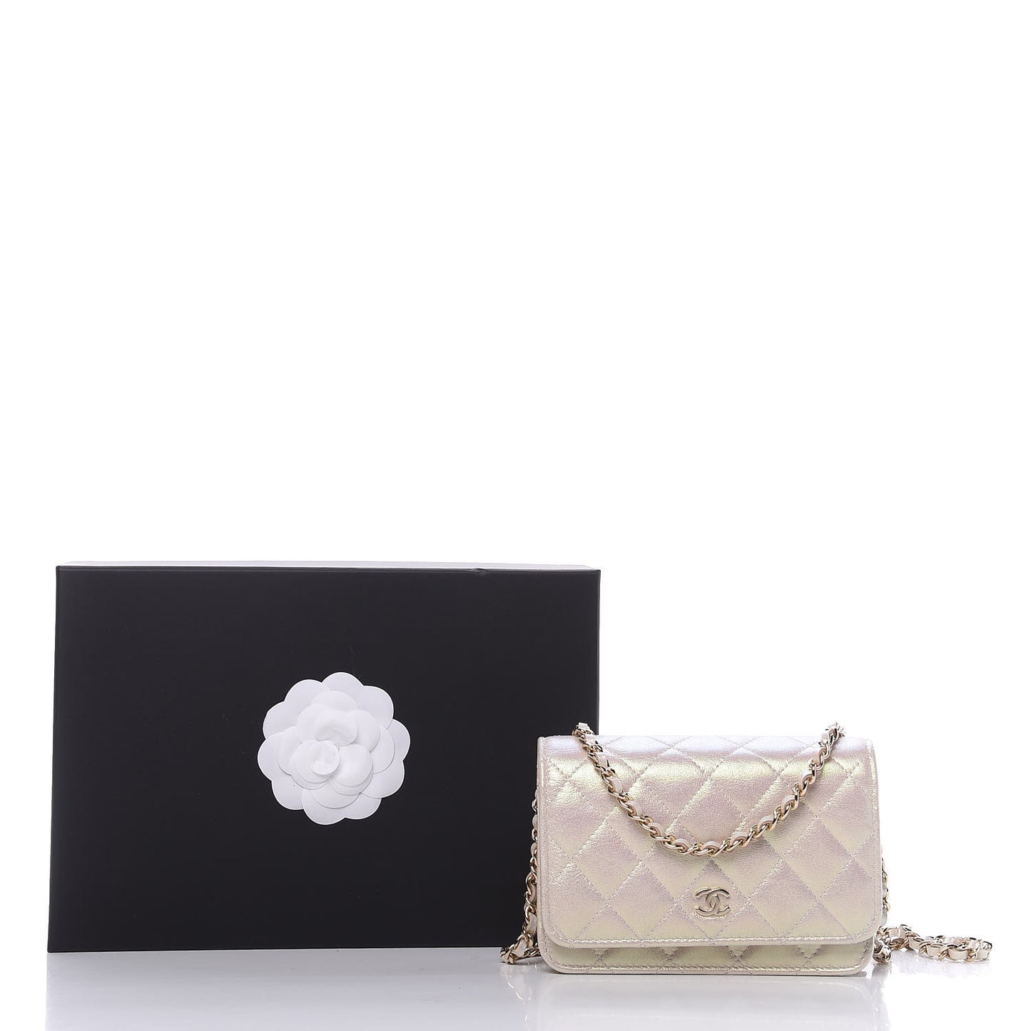 Iridescent Lambskin Quilted Mini Wallet On Chain WOC Ivory