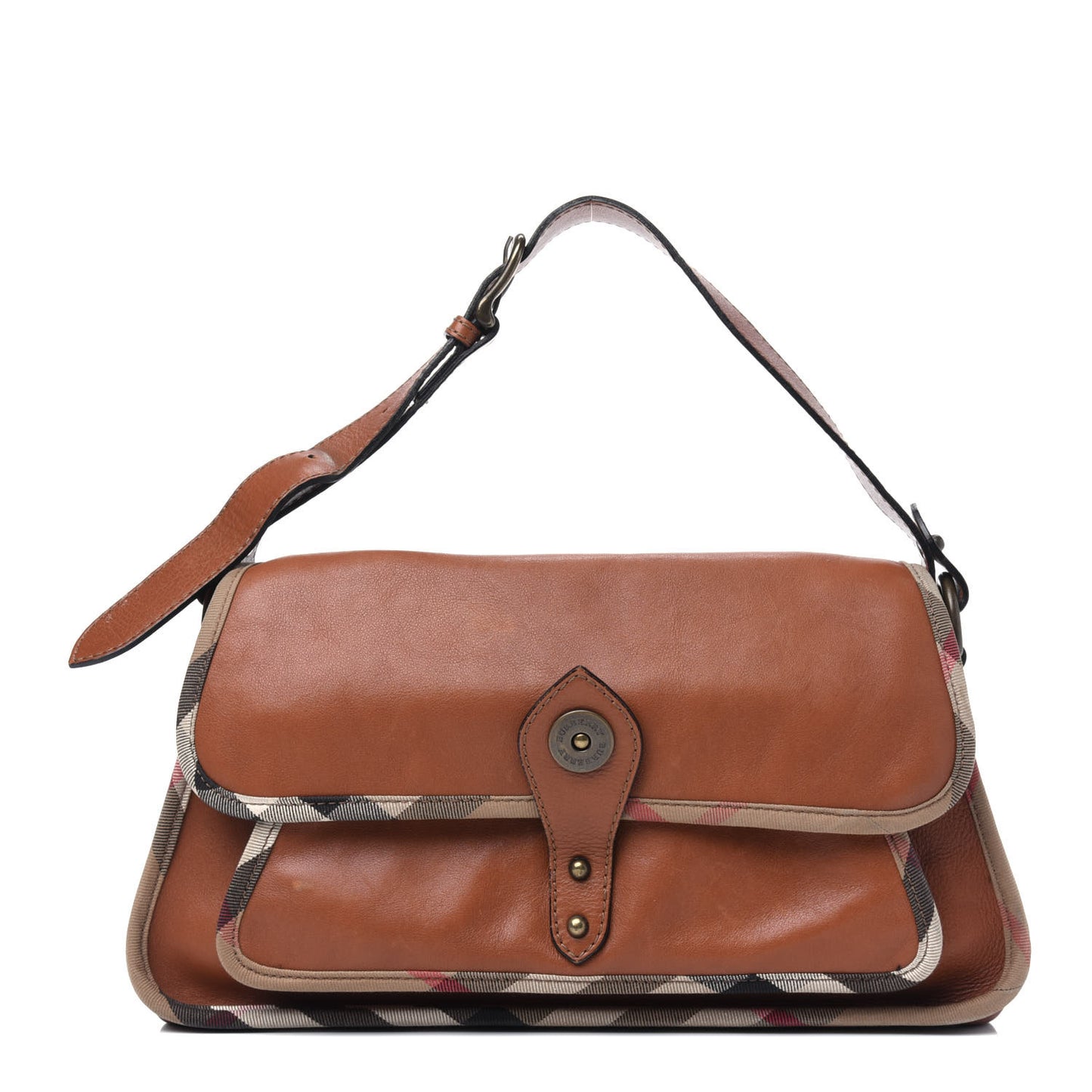 Calfskin House Check Trim Bates Shoulder Bag Cognac