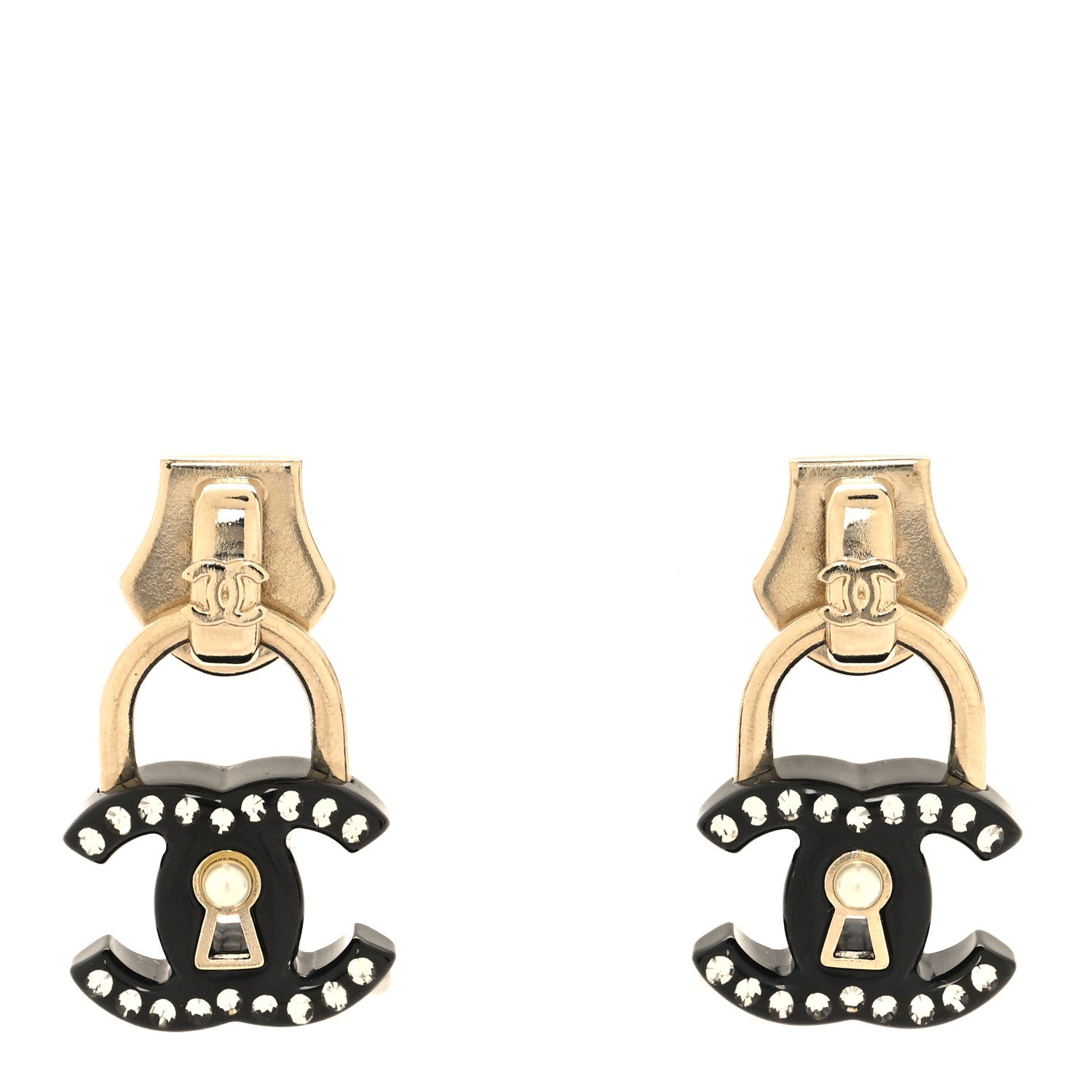 Chanel Metal Resin Crystal Pearl CC Lock Drop Earrings Gold Black 1 of 5