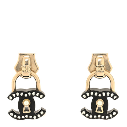 Chanel Metal Resin Crystal Pearl CC Lock Drop Earrings Gold Black 1 of 5
