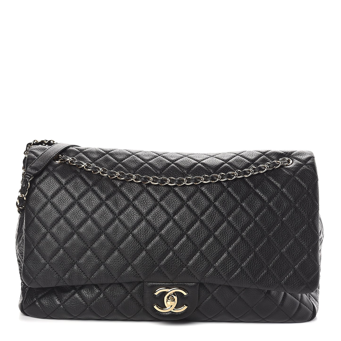 Calfskin Quilted XXL Travel Flap Bag Black