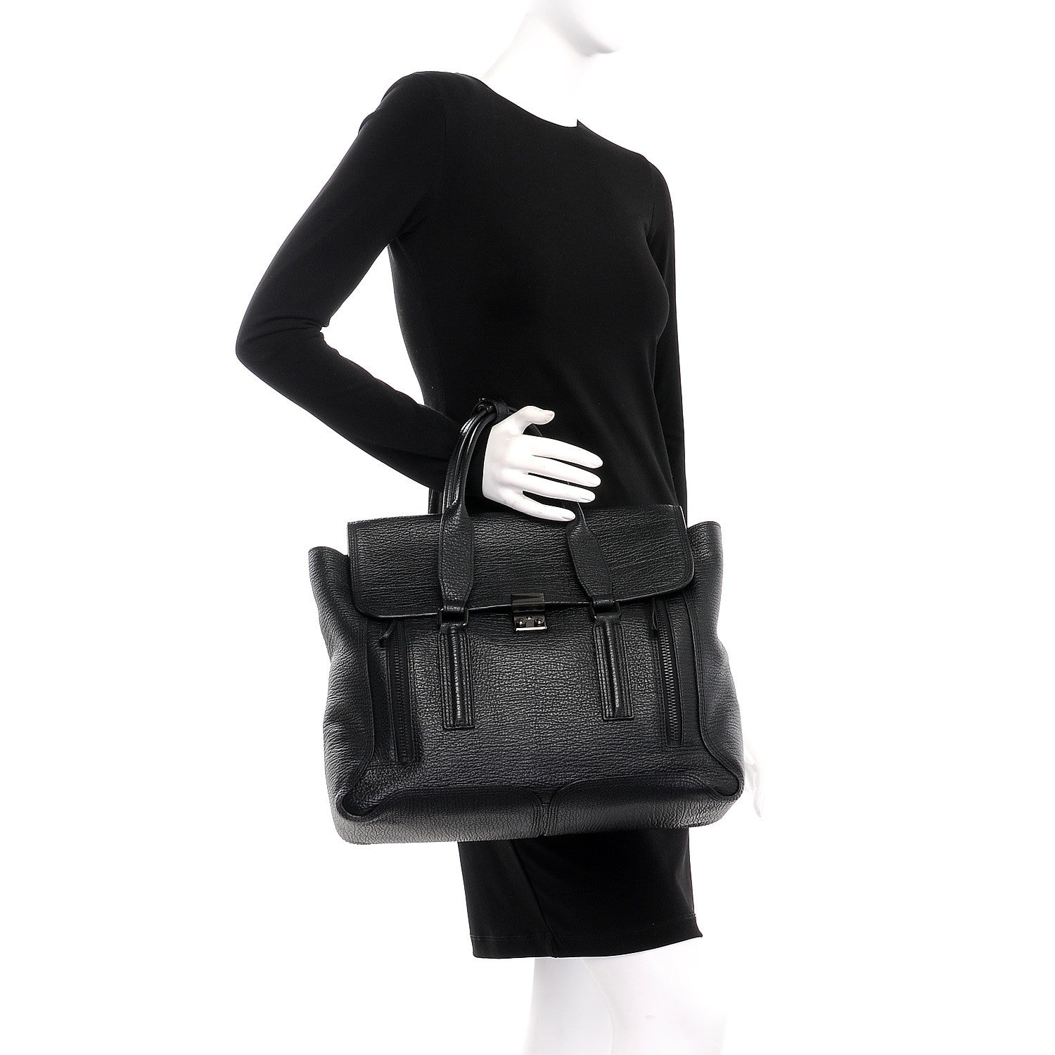 3.1 Phillip Lim 3.1 Textured Calfskin Large Pashli Satchel Black 3 of 8