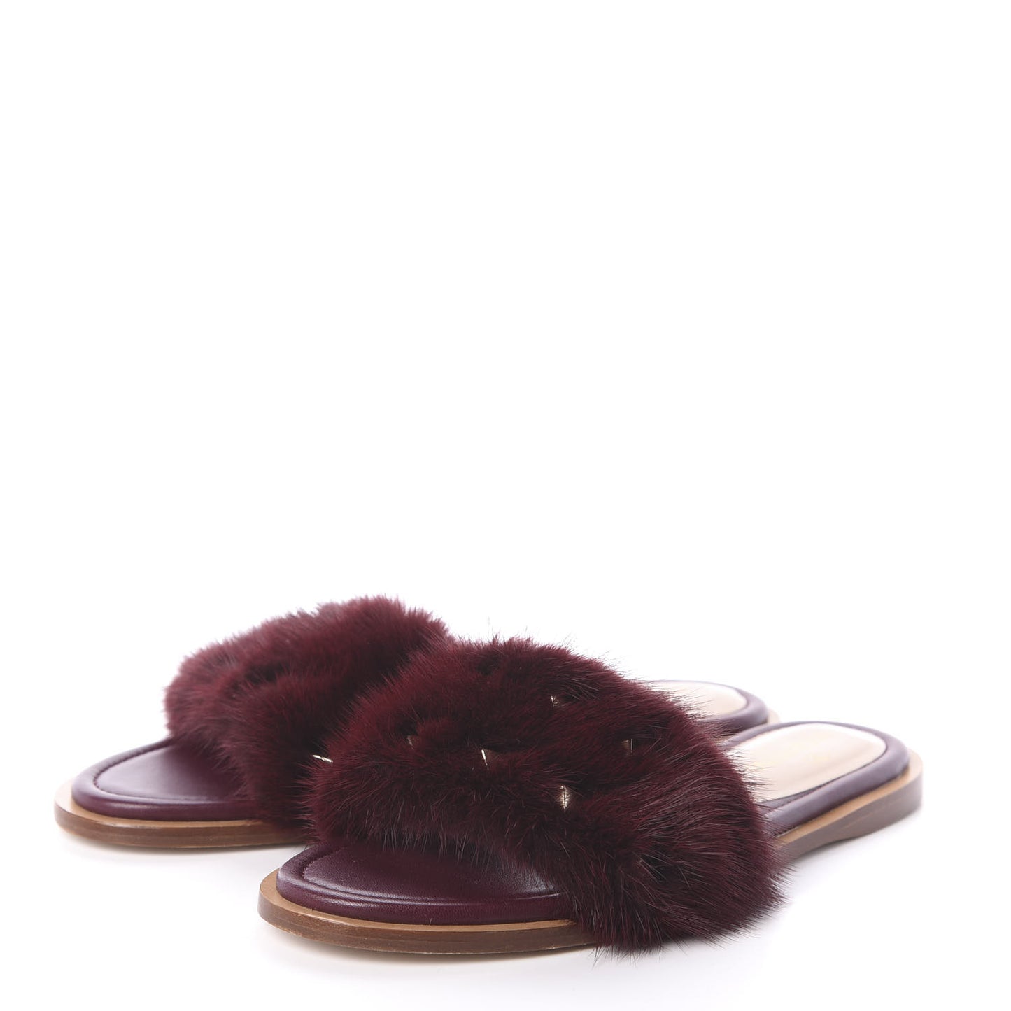 Mink Fur Rockstud Flat Slide Sandals 37 Rubino