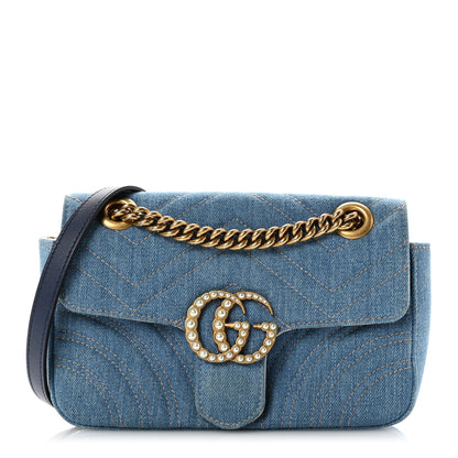 Gucci Denim Matelasse Mini Pearly GG Marmont Shoulder Bag Blue 1 of 11