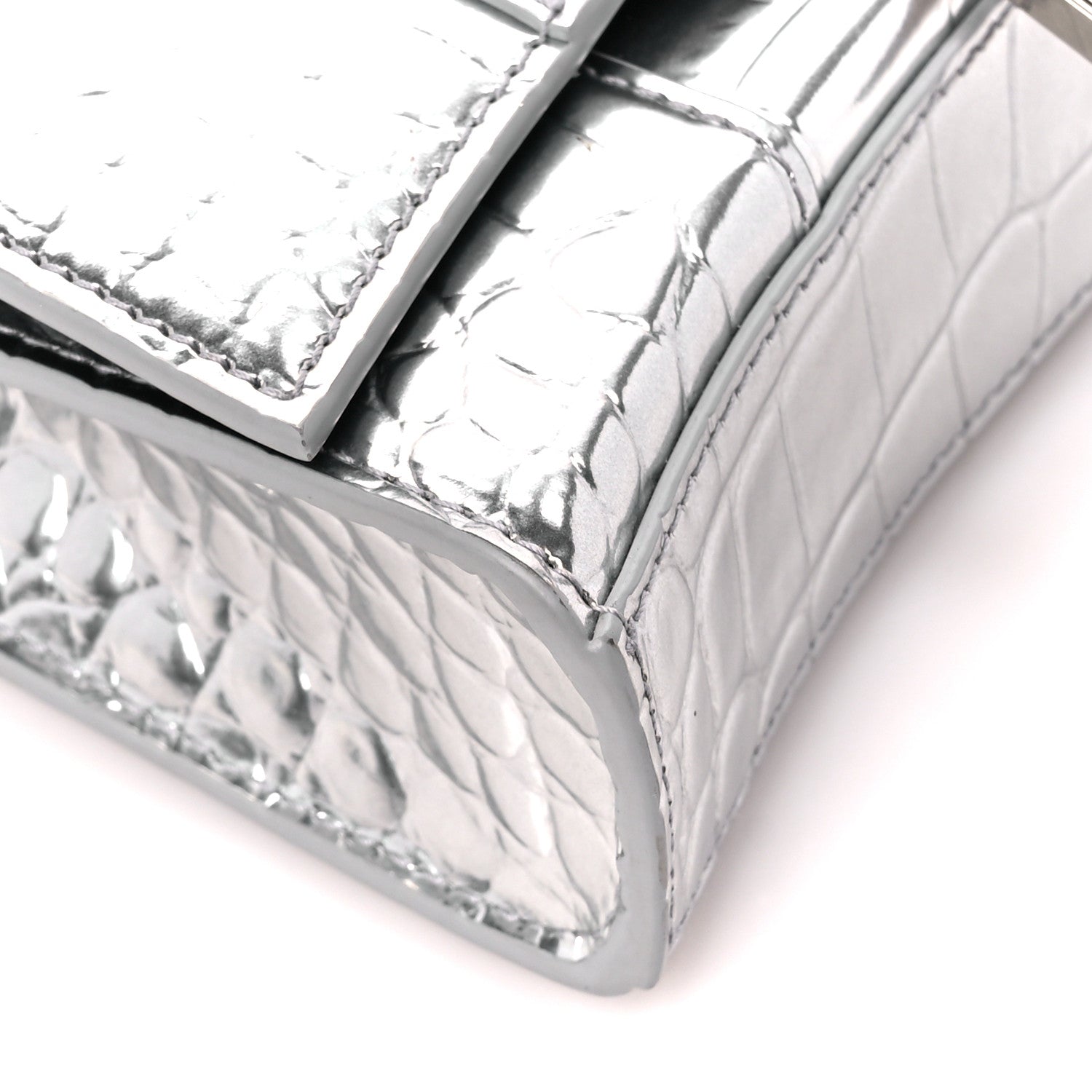 Balenciaga Metallic Calfskin Crocodile Embossed Hourglass Chain Bag Silver 9 of 11