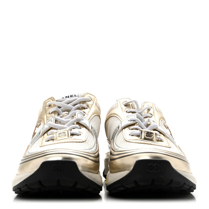 Chanel Fabric Laminated Calfskin Stretch CC Sneakers 38 41.5 White Gold Silver 3 of 12