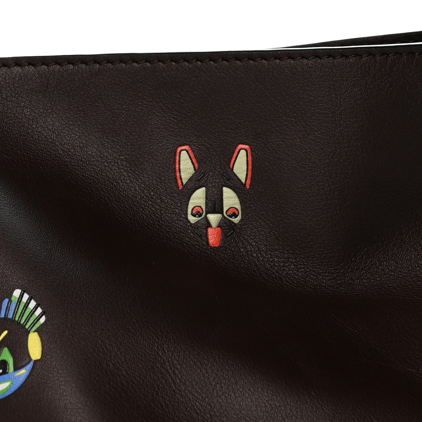 X Louis Wain Calfskin Futurist Cats Medium Flamenco Knot Clutch Brown