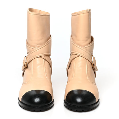 Chanel Lambskin Logo Cap Toe Short Boots 37.5 Beige Black 2 of 8
