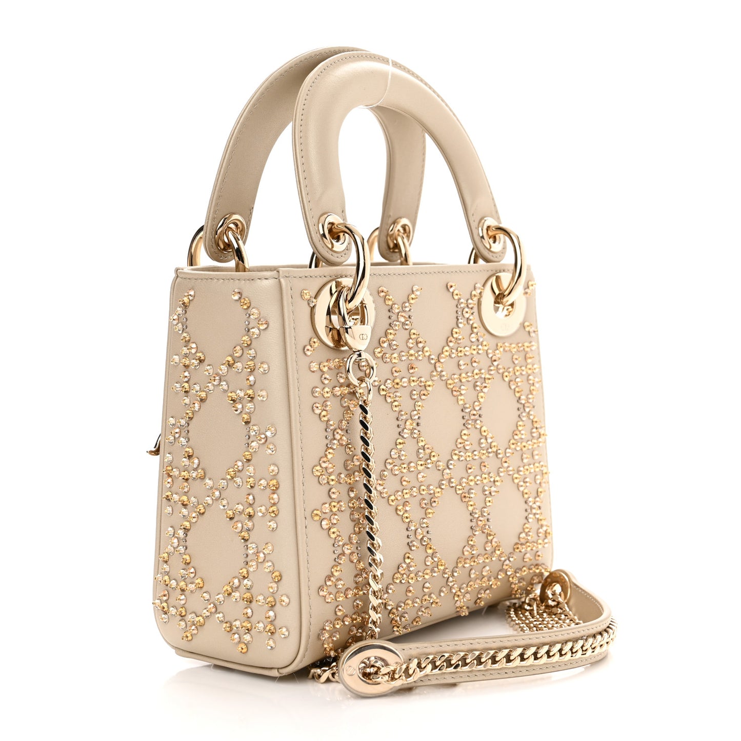 Metallic Lambskin Crystal Cannage Mini Lady Dior Platinum