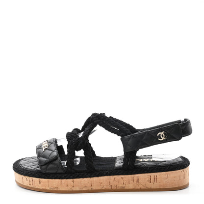 Chanel Cord Lambskin Quilted Logo Sandals 37 Black 1 of 8