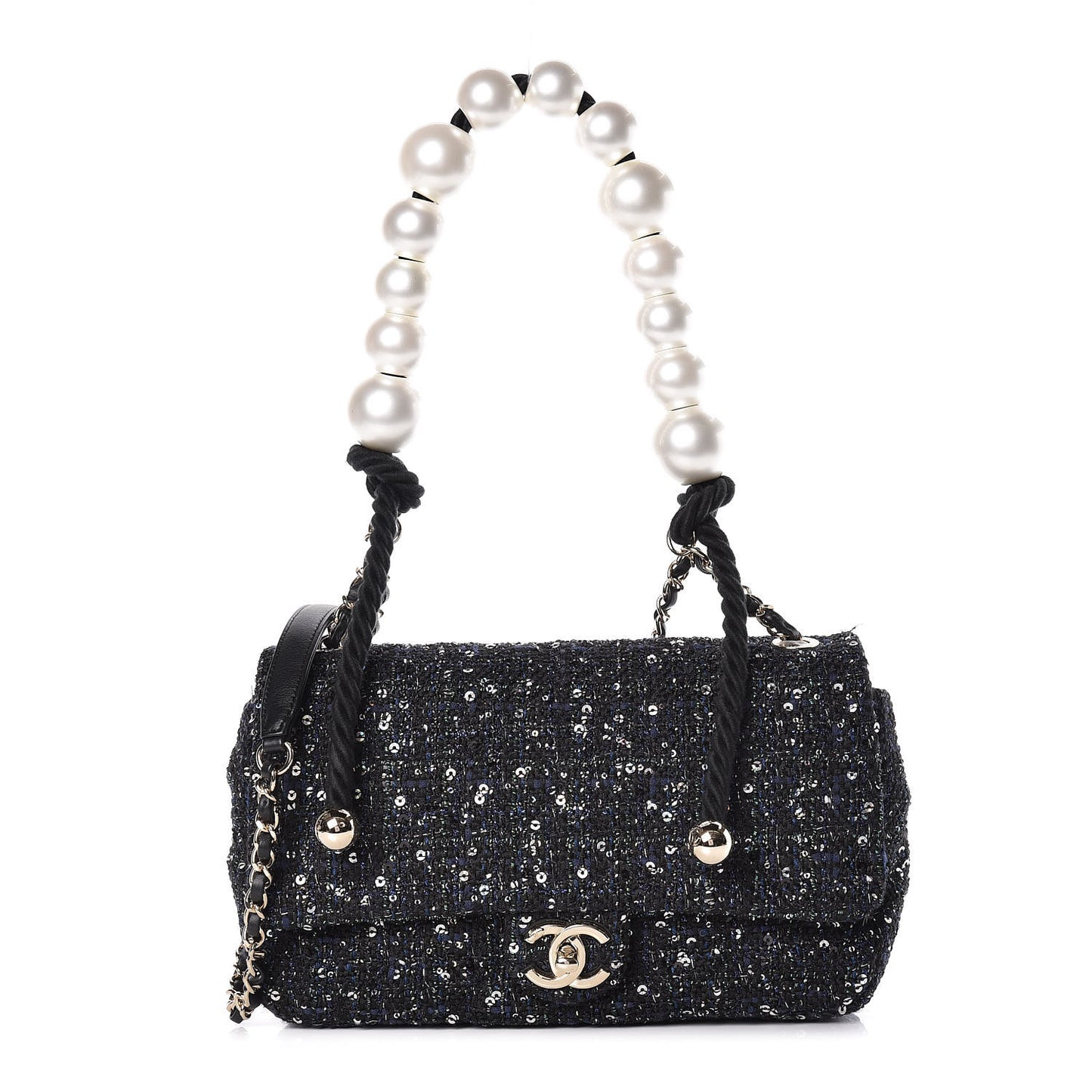 Tweed Medium Pearl Handle Flap Black Ecru