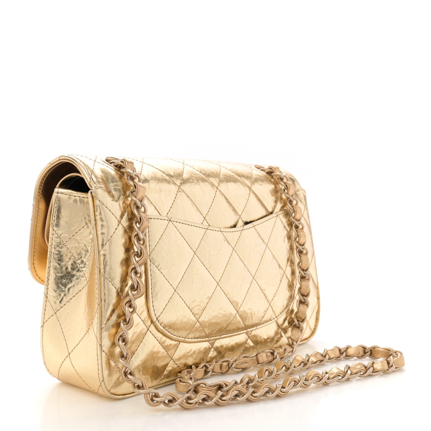 Hammered Metallic Calfskin Quilted Small Double Flap Gold