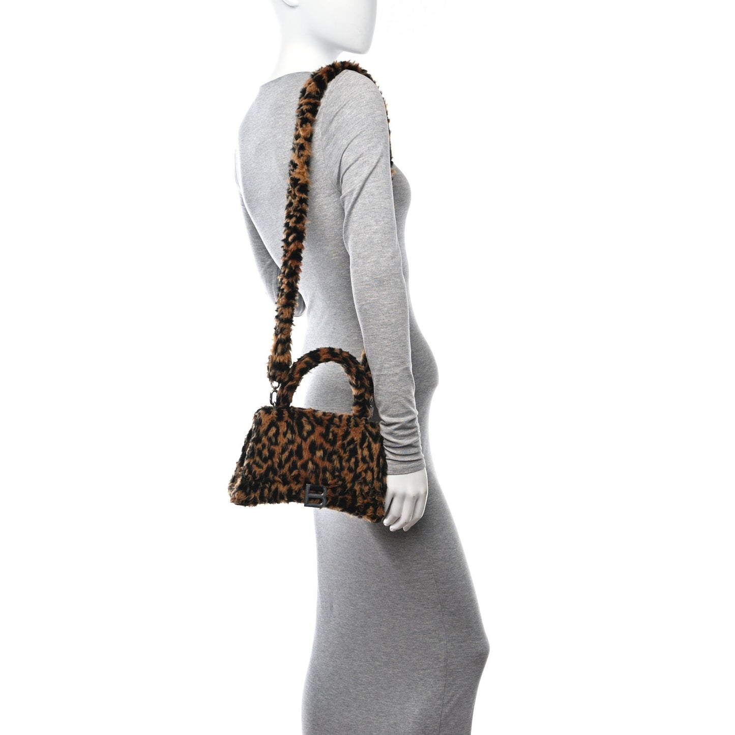 Fleece Leopard Print Small Hourglass Top Handle Bag Brown