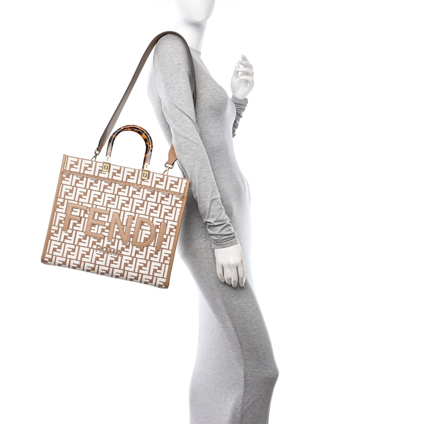 Woven Fabric Calfskin FF Medium Fendi Sunshine Shopper Tote Natural White Dark Honey