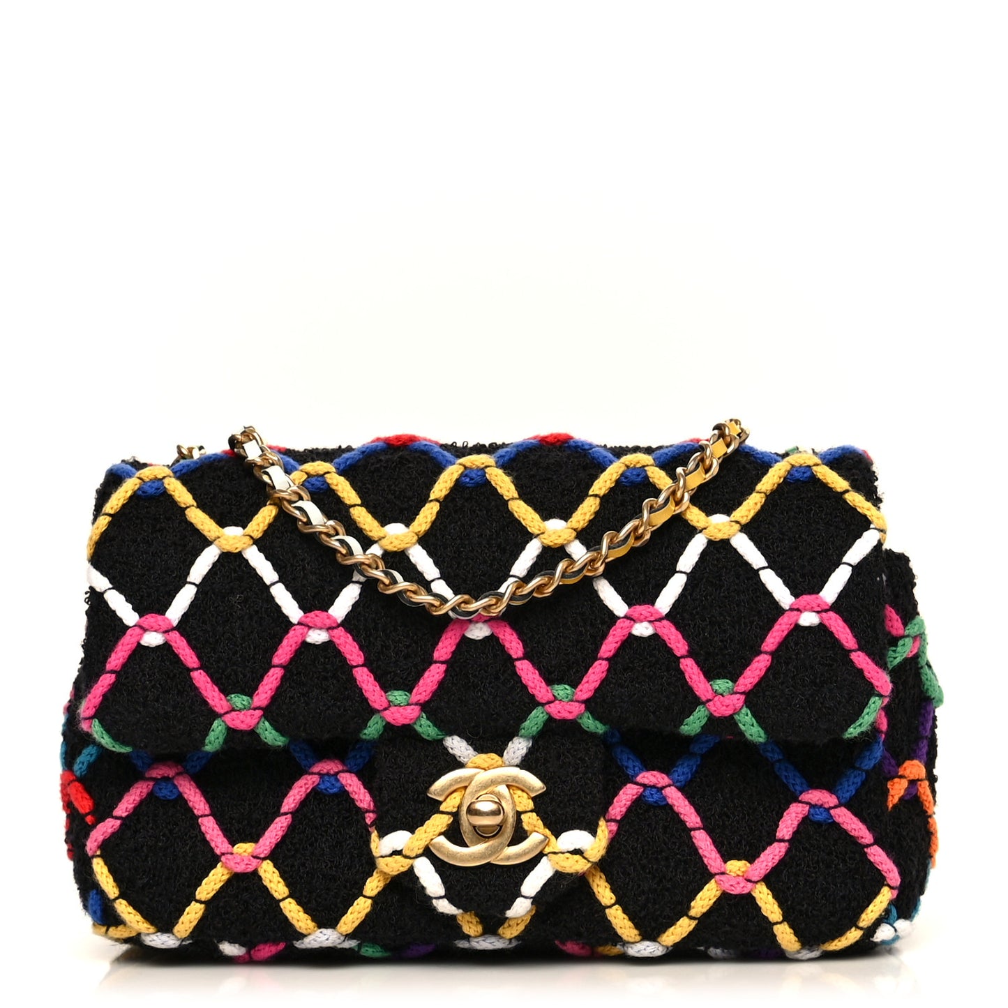Tweed Diamond Threaded Mini Rectangular Pearl Crush Flap Black Multicolor