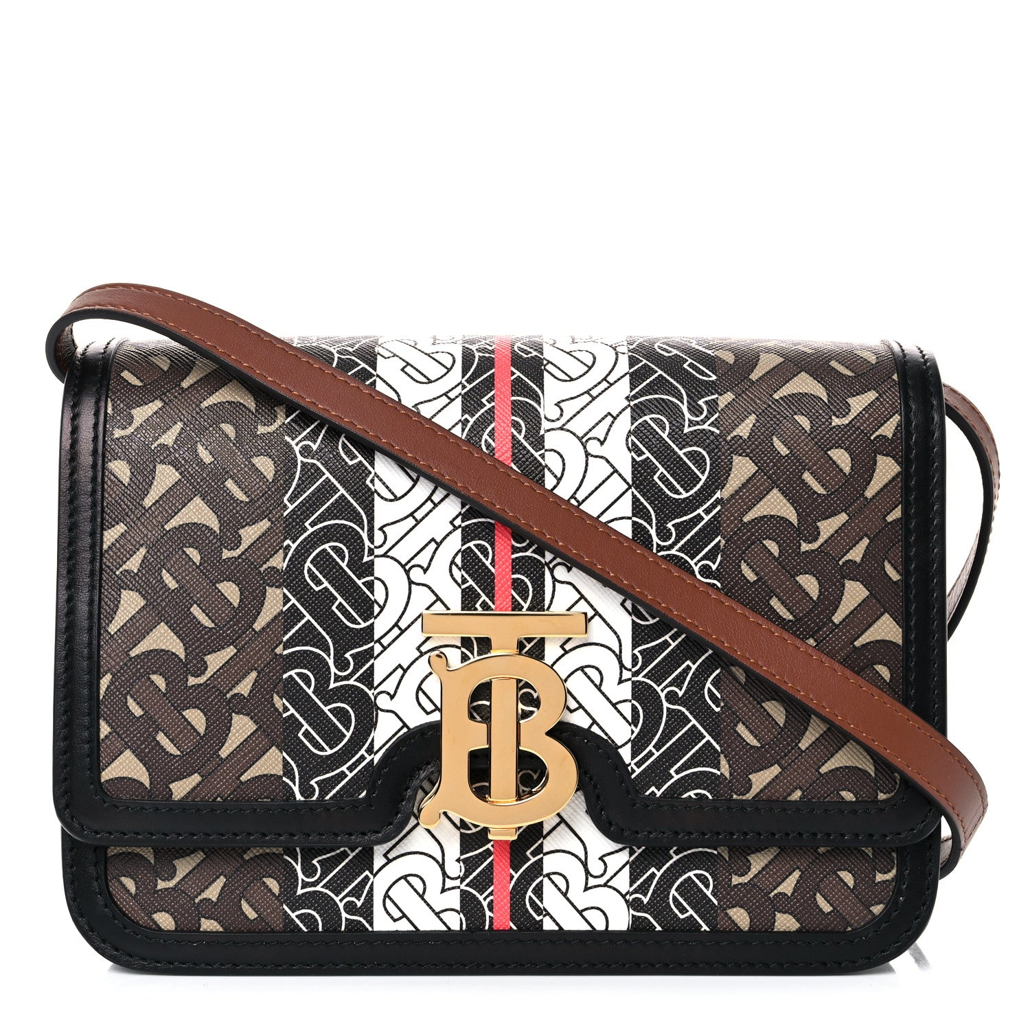 Burberry E-Canvas Monogram Stripe Small TB Bag Bridle Brown 1 of 11
