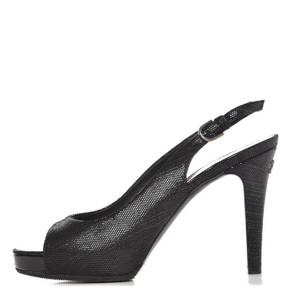 Chanel Shimmer Fabric Peep Toe Slingback Pumps 37.5 Black 1 of 13