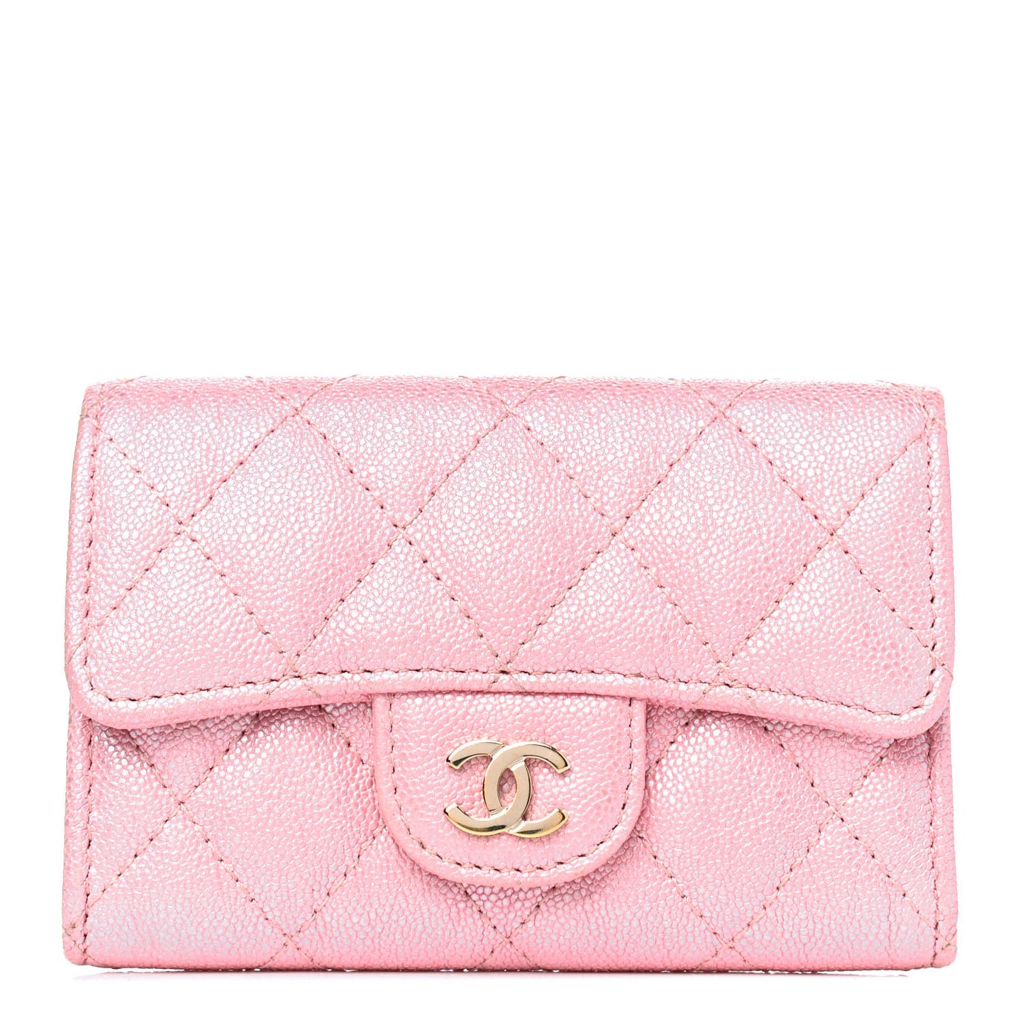 Iridescent Caviar Quilted Flap Card Holder Rose Pink